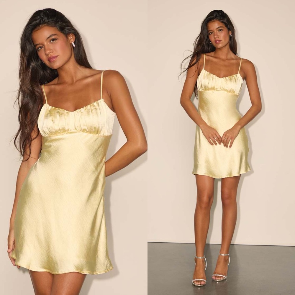 LULUS Kashia Light Yellow Satin Backless Slip Mini Dress